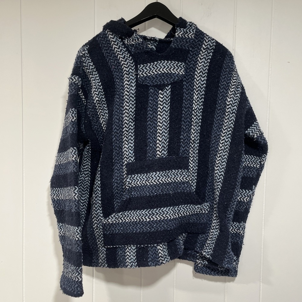 Baja Joe Drug Rug Hooded Sweat Shirt Gray/Cream/Green Striped Hoodie, Preowned M